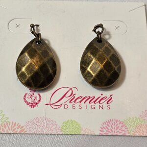Premier Designs Textured Bronze-Toned Teardrop Earrings Faceted Diamond Pattern